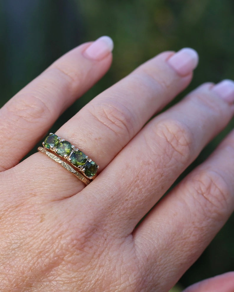 1.75ct Four Stone Natural Green Tourmaline Ring, 9ct Yellow Gold, size N1/2 or just over 6.75, 2.37g