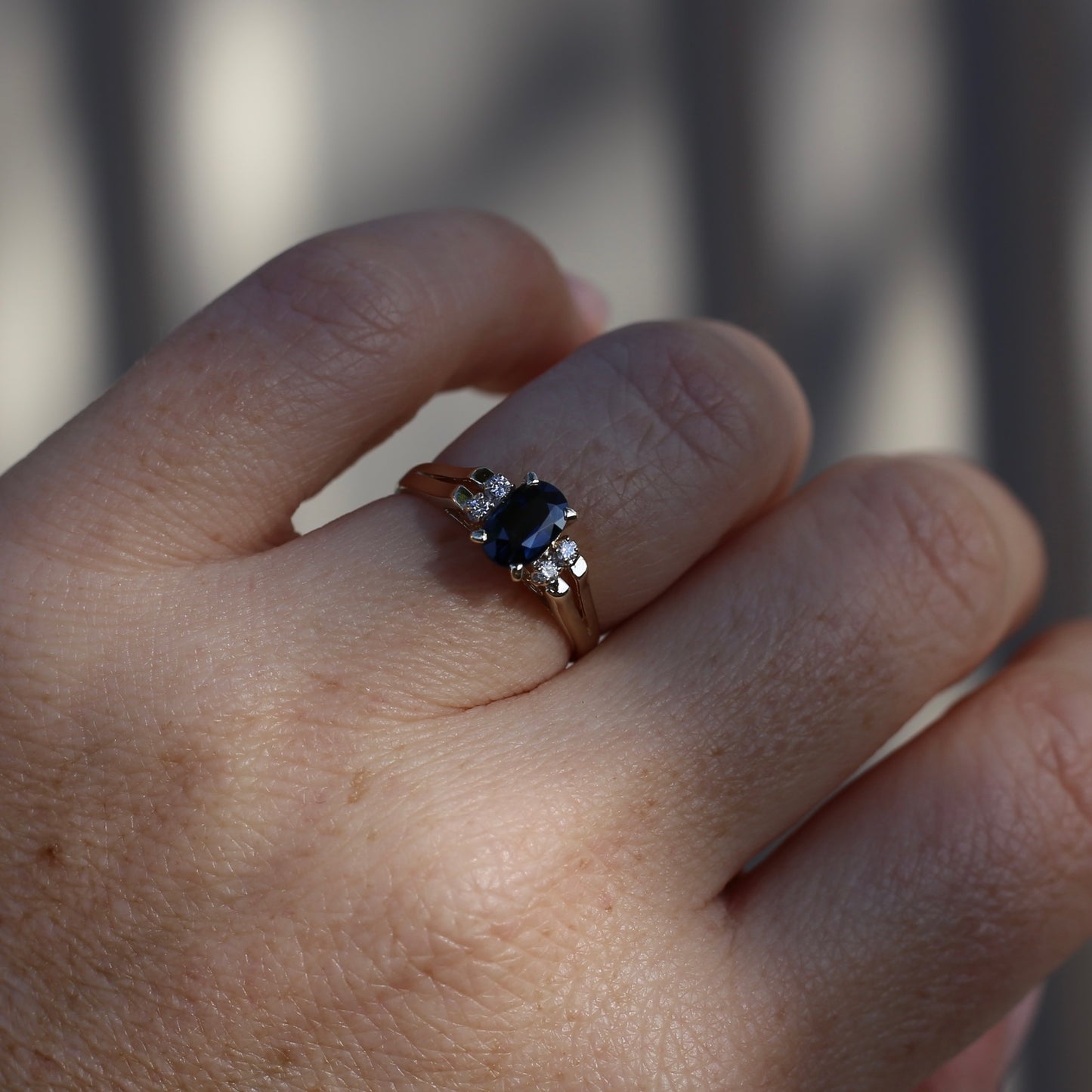 Oval Natural Blue Sapphire with Diamonds, Art Deco Feel Ring, 14ct Yellow Gold, size N or 6.75