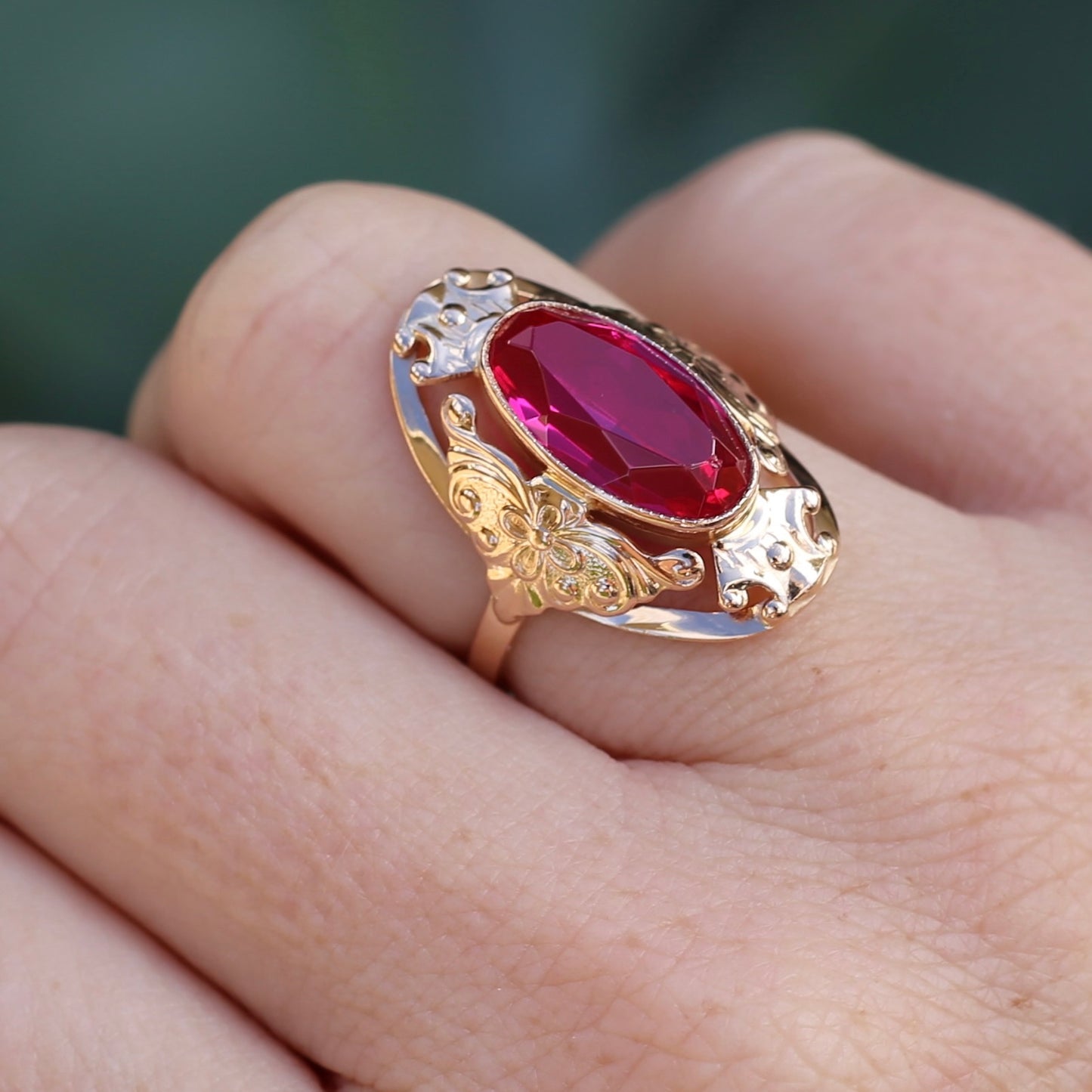 Mid Century Russian Oval Synthetic Ruby in Rosey Gold Floral Setting, 14ct Old Rosey Gold, size N1/2 or 7