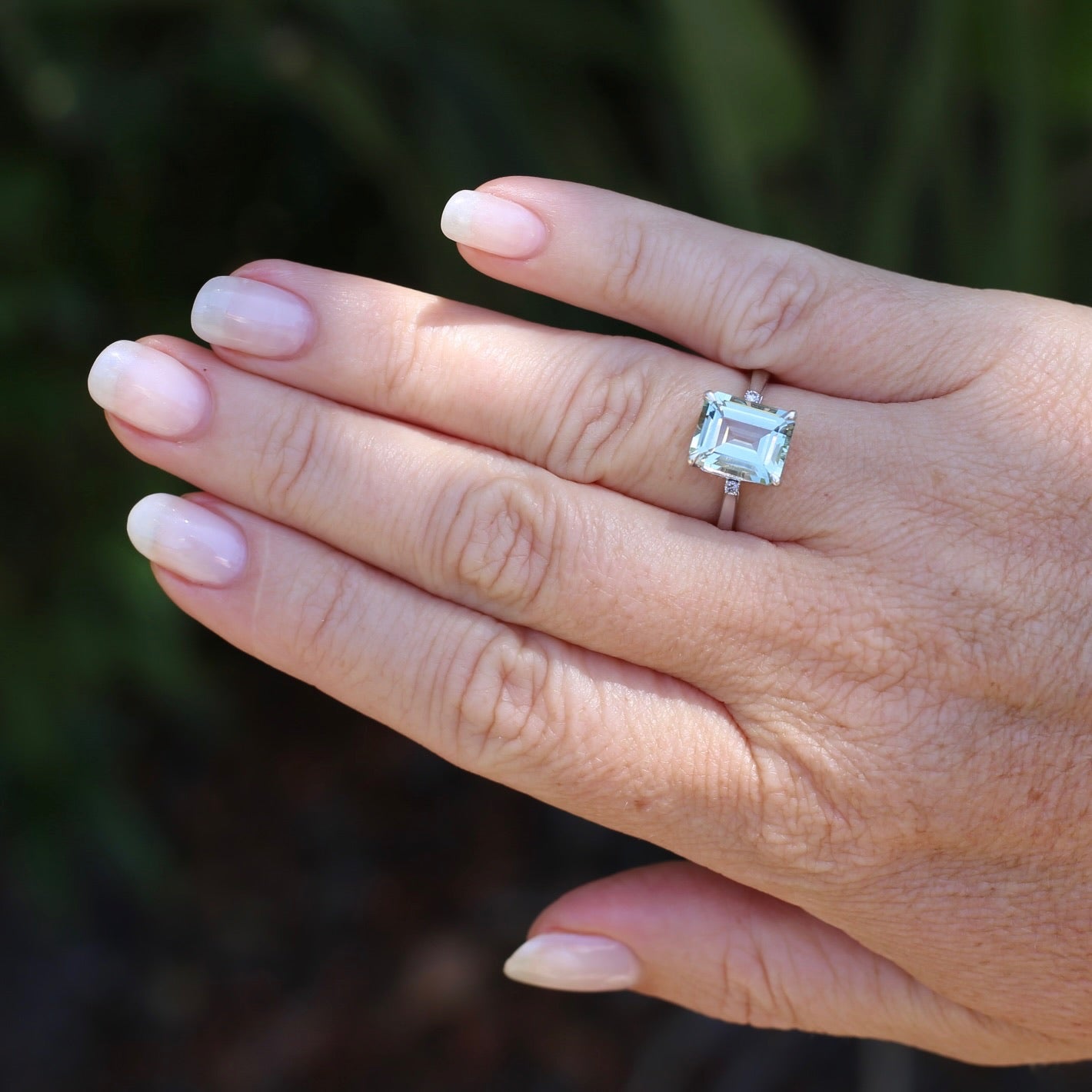 Emerald Cut Prasiolite and Diamond Ring, 9ct White Gold, size P or 7.75