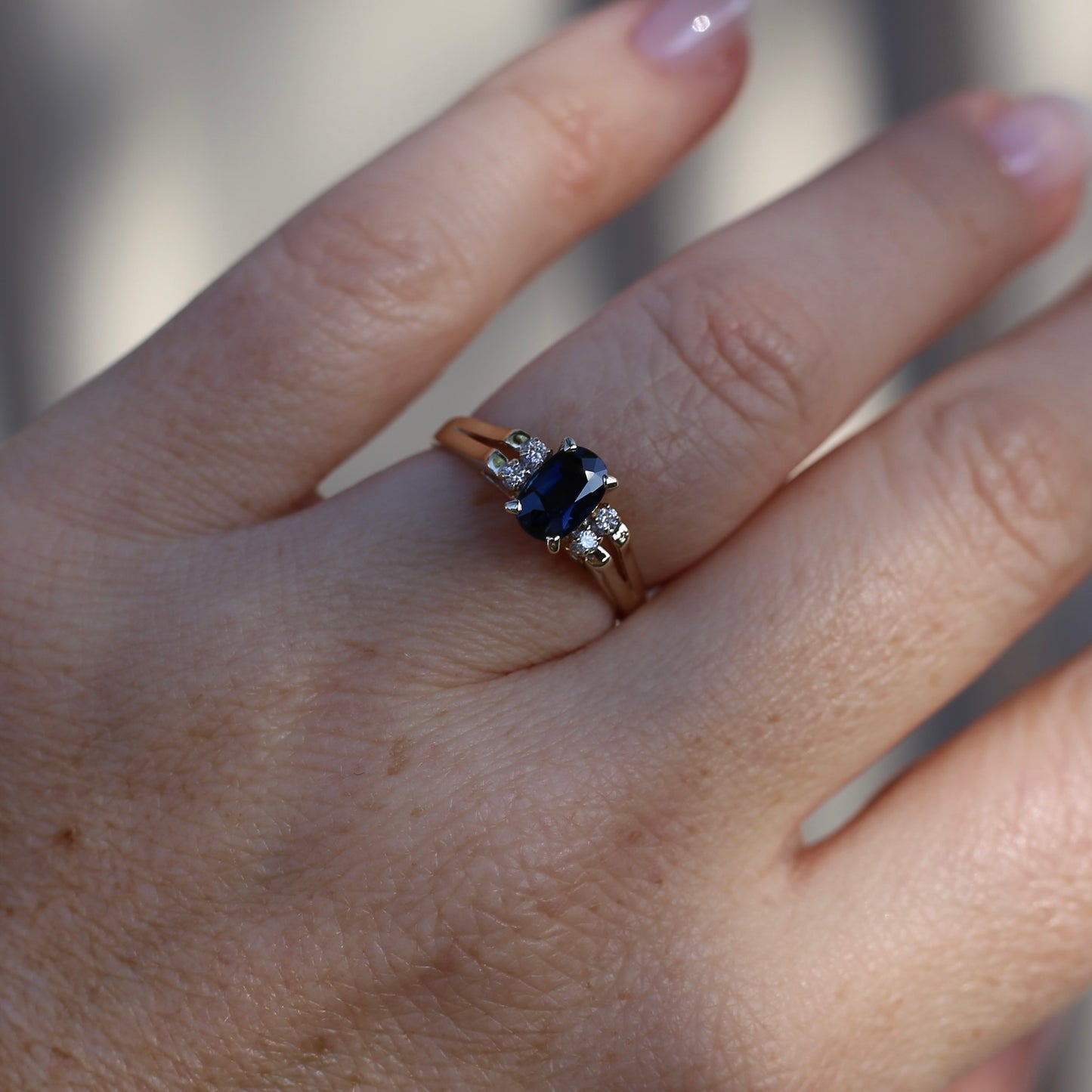 Oval Natural Blue Sapphire with Diamonds, Art Deco Feel Ring, 14ct Yellow Gold, size N or 6.75