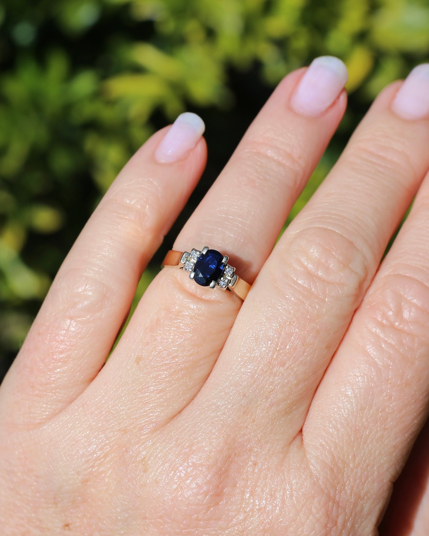 Circa 1970s Natural Sapphire and Diamond Ring, 9ct Yellow and White Gold, size M or 6.25, 4.19g