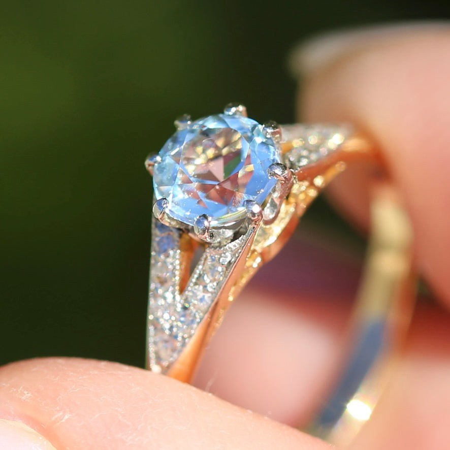 Pristine Early Australian 1930s Dunklings Blue Zircon & Diamond RIng, size L or just over 5.5