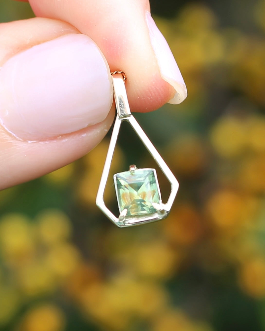 Modified Carre Cut Unheated Green Natural Sapphire in Handmade Vintage Pendant, 9ct Yellow Gold, 0.78g