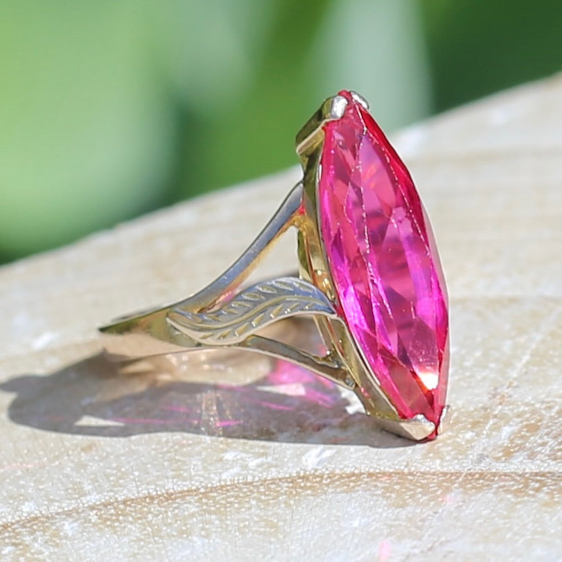 Mid Century Russian Synthetic Ruby Ring, 14ct Rosey Gold, size L1/2 or 6