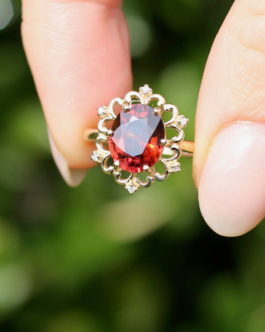 Vintage 3.48ct Natural Zircon and Diamond Ring, 9ct Yellow Gold , size O or 7.25 with valuation