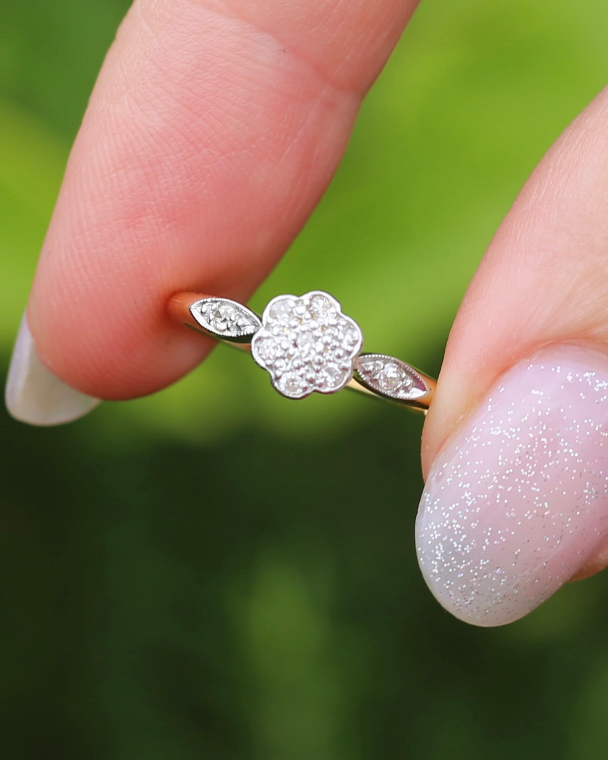 Circa 1930s Single Cut Daisy Cluster, 18ct Yellow Gold and Platinum, size M1/2 or 6.5, 2.2g