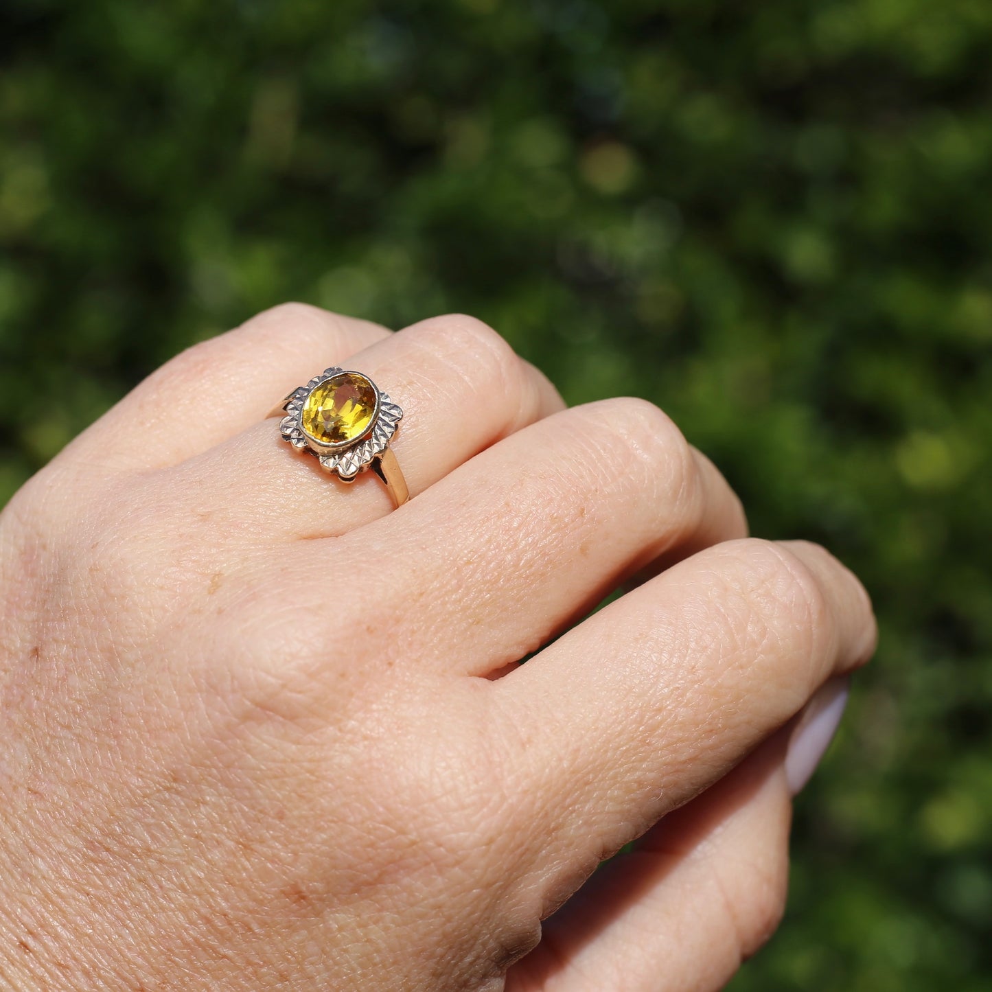 1994 Yellow Sapphire With Detailed Edges, 9ct Yellow Rosey Gold, size P or 7.5