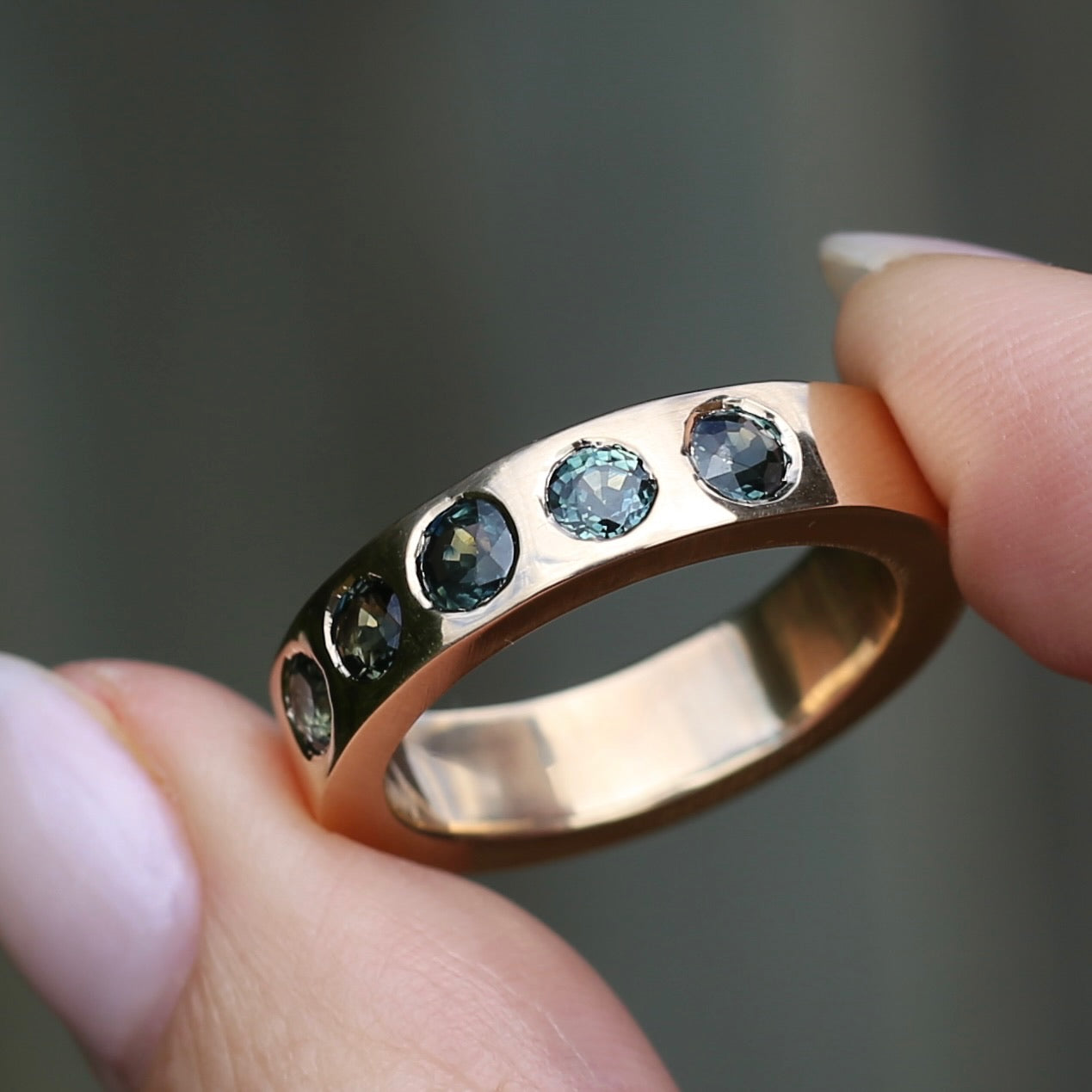 Custom Reclaimed Gold Chunky 9ct Rings with 4mm Parti Sapphires