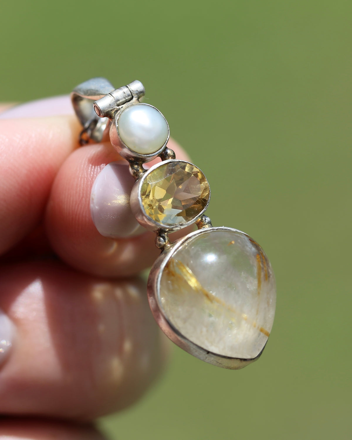 Freshwater Pearl, Citrine and Rutilated Quartz Cabochon Pendant, Sterling Silver, 6.0g