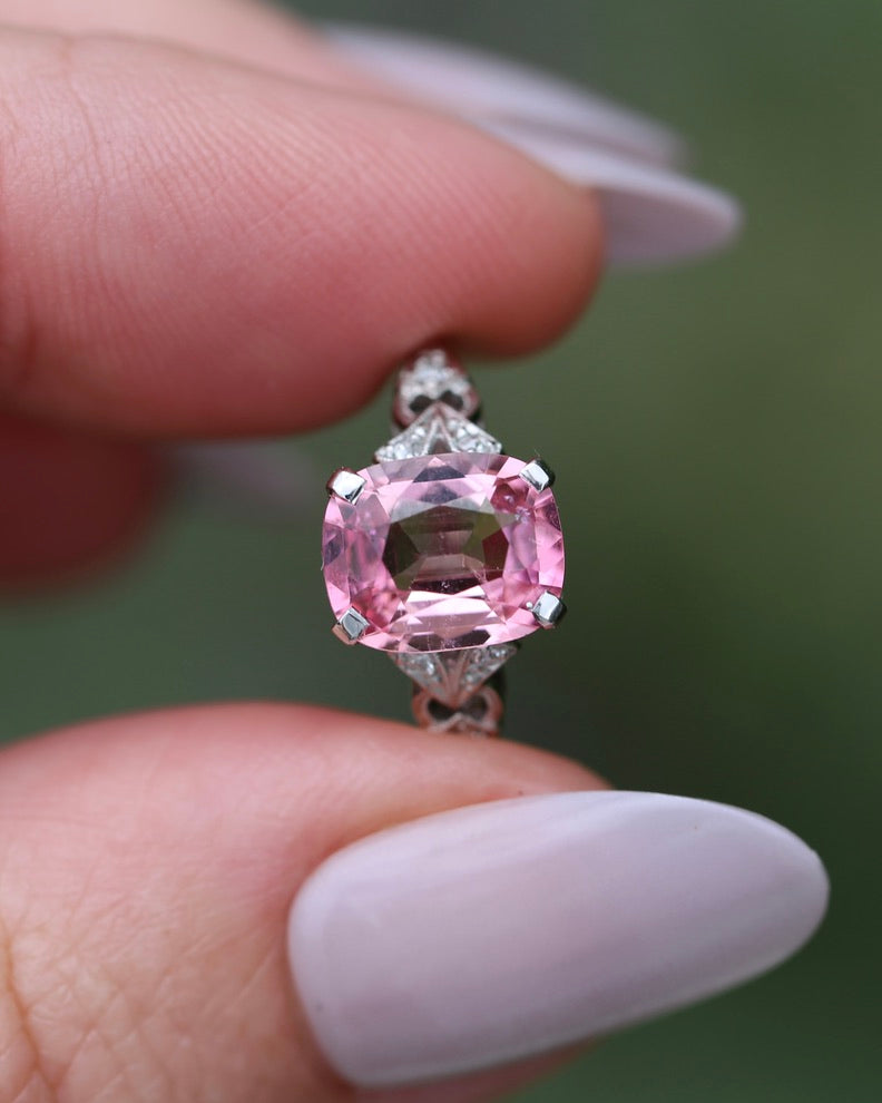Pale Pink Tourmaline and Old Cut Diamond Shoulder Ring, 18ct White Gold and Platinum, size N or 6.75, 2.63g