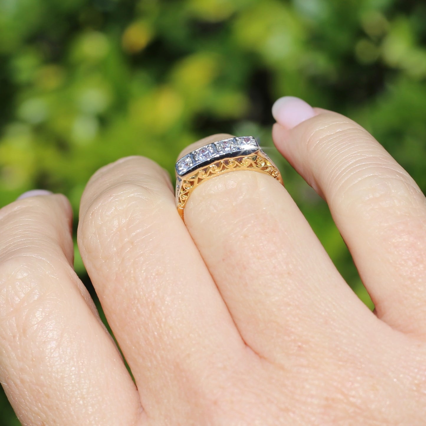 1930s 4 Stone Transitional Cut Diamond Mixed Metal Ring, 18ct Yellow Gold & Platinum, size M or just bigger than 6