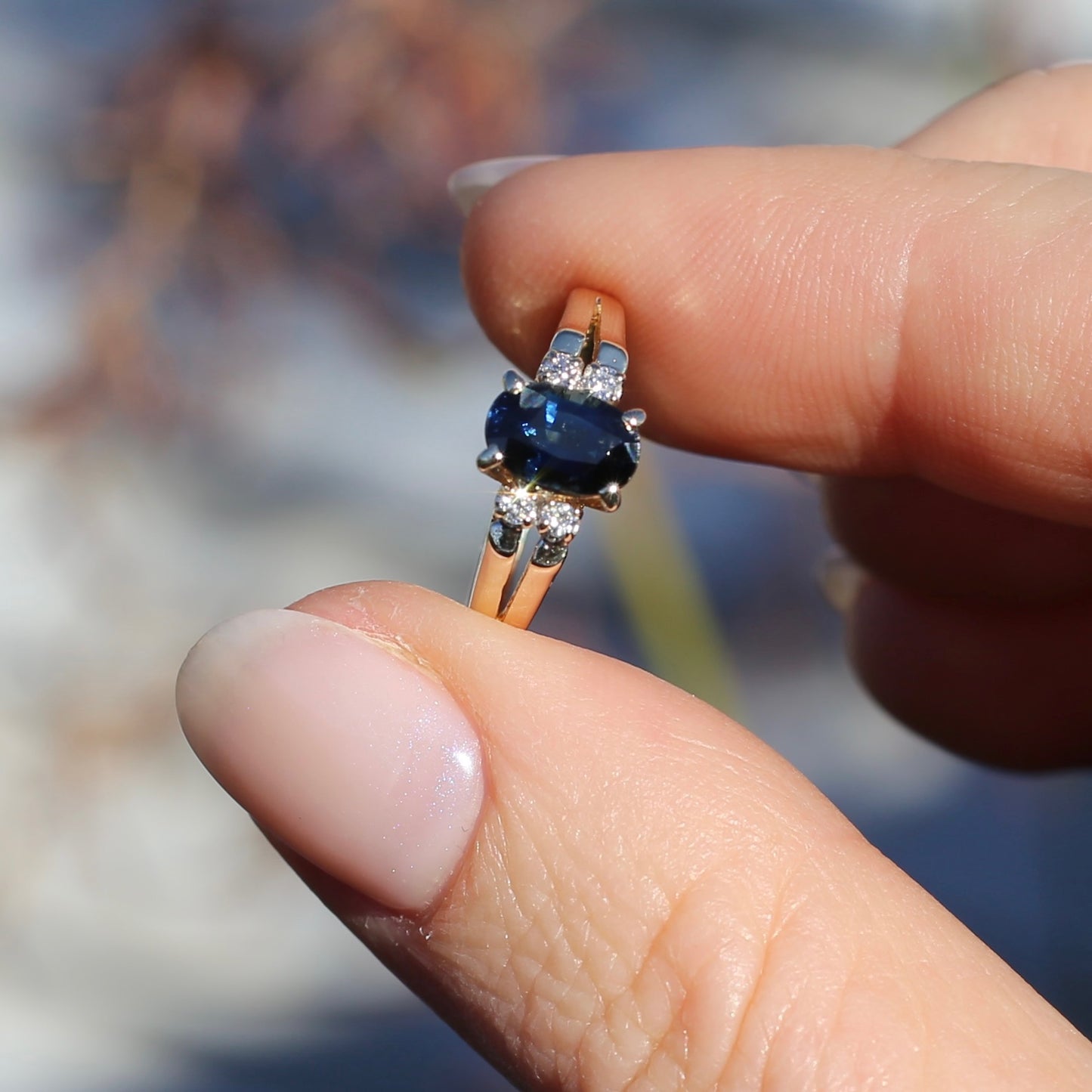 Oval Natural Blue Sapphire with Diamonds, Art Deco Feel Ring, 14ct Yellow Gold, size N or 6.75