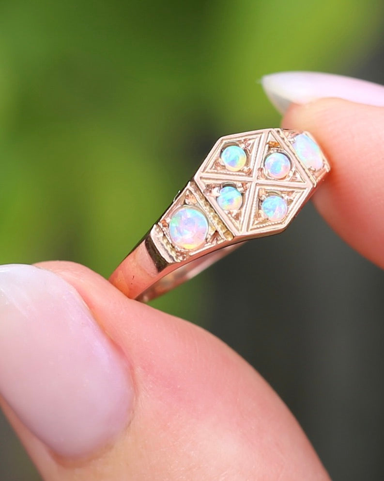 Outstanding Opals in Birmingham Made Rose Gold Shield Faced Ring, 9ct Rose Gold, size Q or 8.25, 2.57g