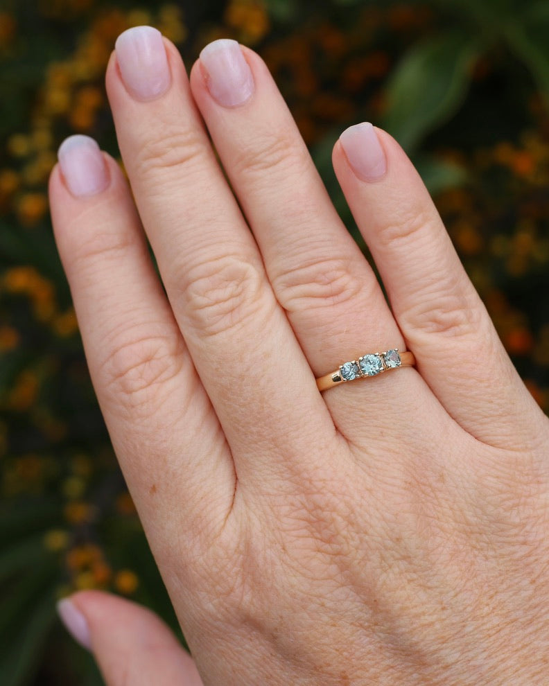 Natural Turquoise-Meets-Sage-Green Parti Trilogy, Claw Set 9ct Yellow Gold, size O1/2 or just over 7.25, 2.16g
