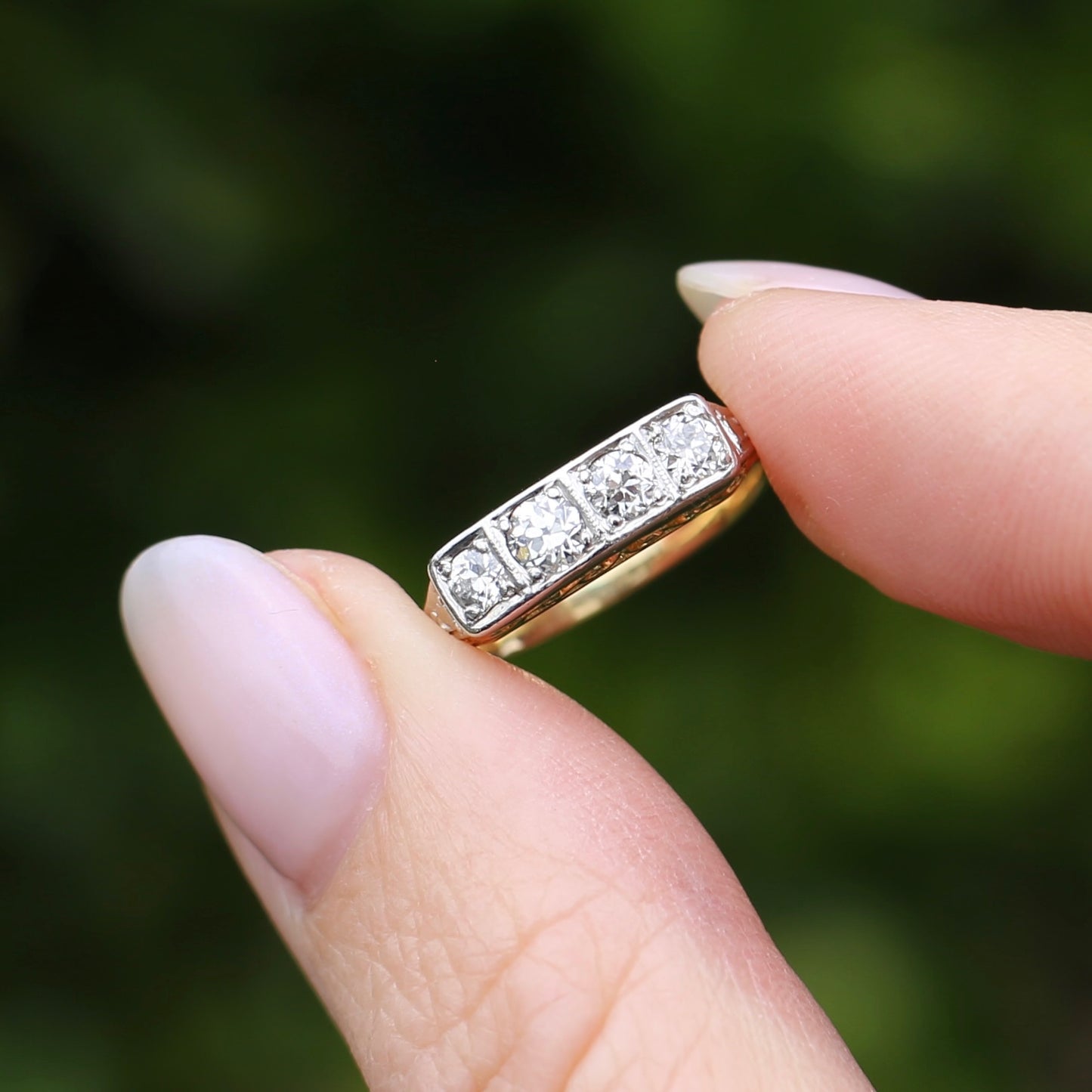 1930s 4 Stone Transitional Cut Diamond Mixed Metal Ring, 18ct Yellow Gold & Platinum, size M or just bigger than 6