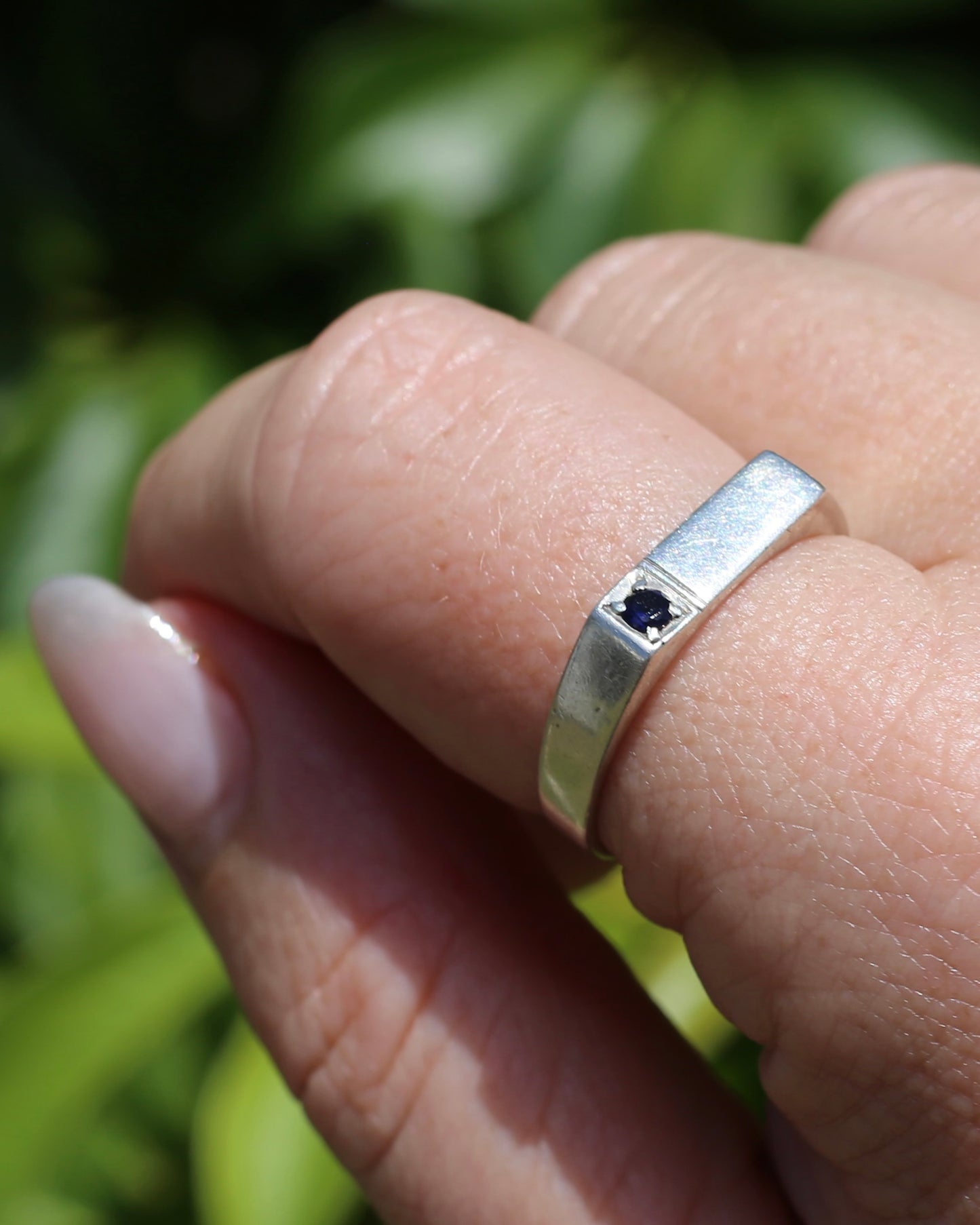 Narrow Silver Signet Ring with Sapphire, Sterling Silver, size 10.5 or V, 3.9g