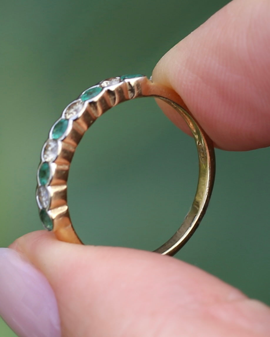 Natural Emerald and Diamond Half Hoop, 9ct Yellow and White Gold, size O or 7.25, 1.76g