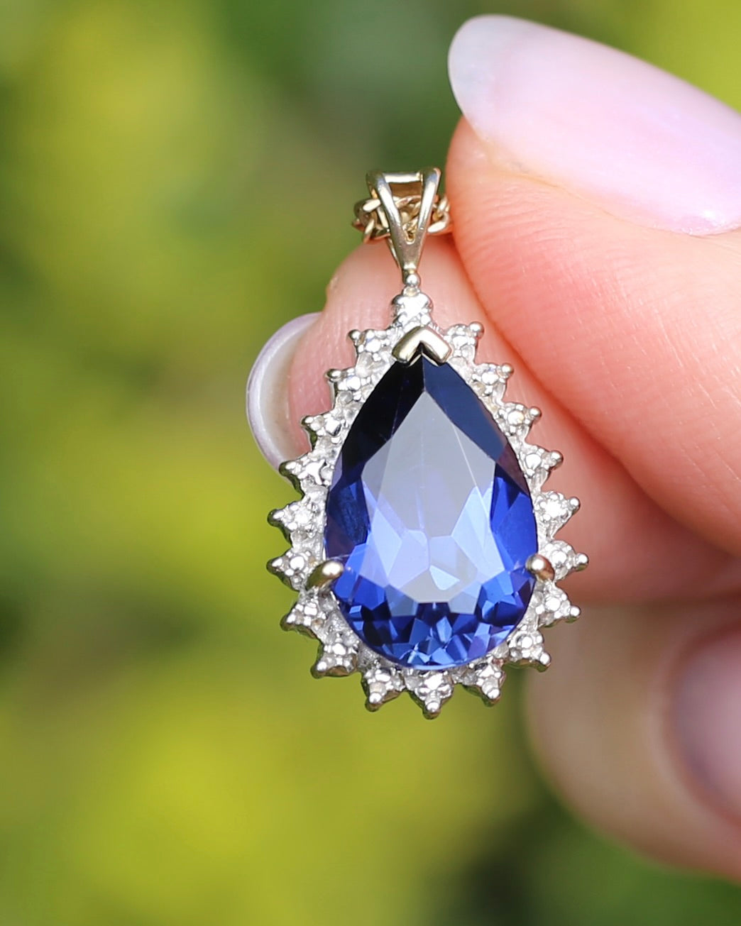 5ct Lab Grown Sapphire and Illusion Set Pendant with 2 Diamonds, 9ct Yellow Gold (some Rhoidum Plating), 2.47g