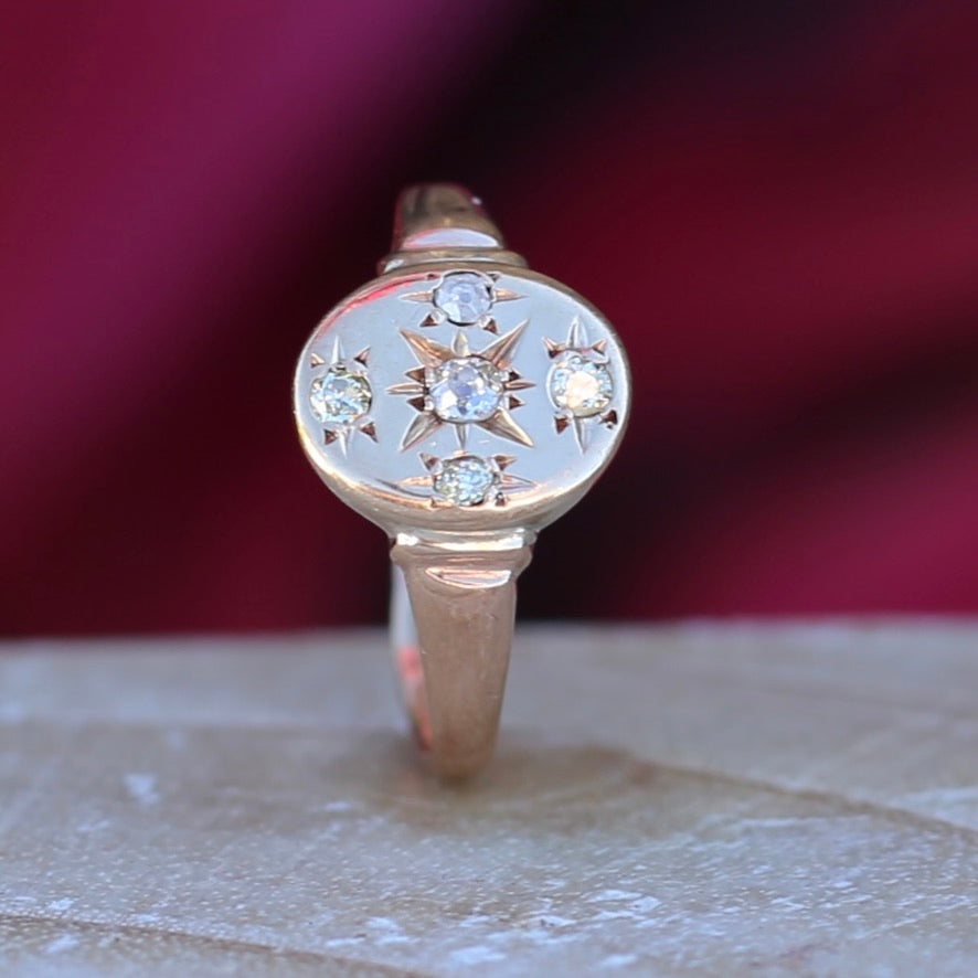 Early Australian Joseph Lawrence Signet Ring, Star Set with 5 Old Cut Diamonds, size T or 9.5