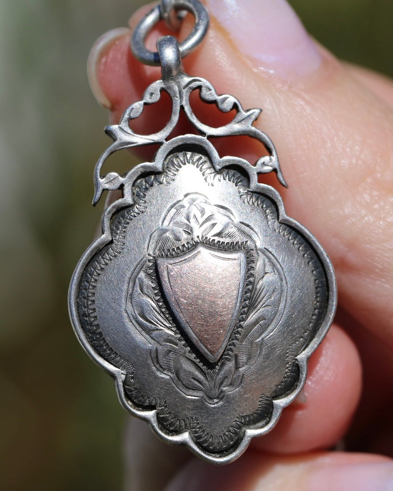Antique 1920 Birmingham Made Double Graduated Watch Chain, Sterling Silver (and Rose Gold Face) T-Bar and Fob, 38.5cm, 53g