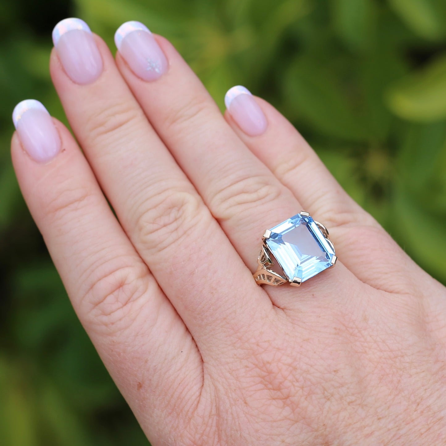 Mid Century Emerald Cut Blue Spinel Cocktail Ring, size N1/2 or 6.75