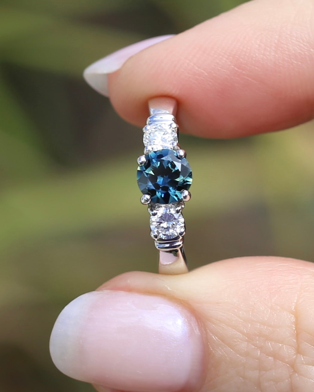 Unheated Eye Clean Parti Sapphire and Natural Diamond Trilogy, 9ct White Gold, size O1/2 or 7.5, 3.01g, with valuation