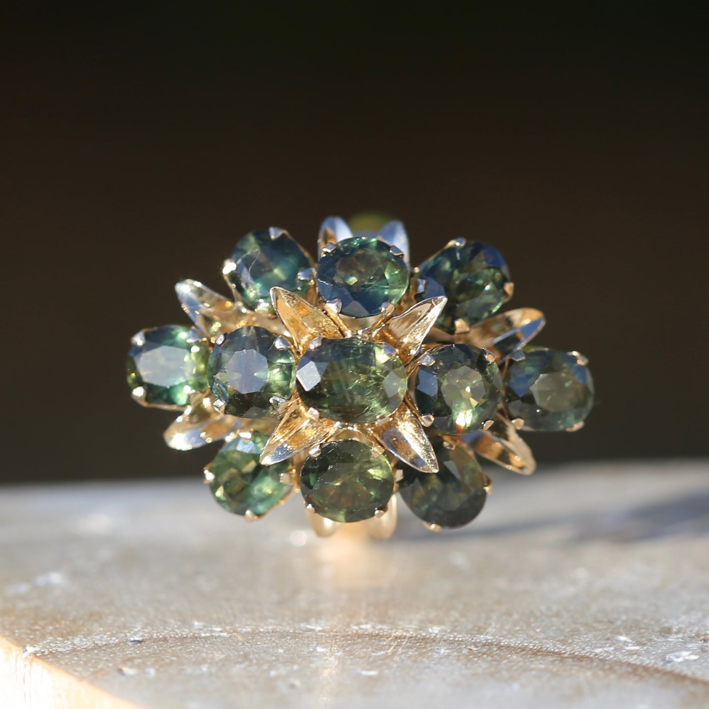 Brutalist Natural Green Sapphire Retro Ring, 14ct Yellow Gold, size 8 or Q