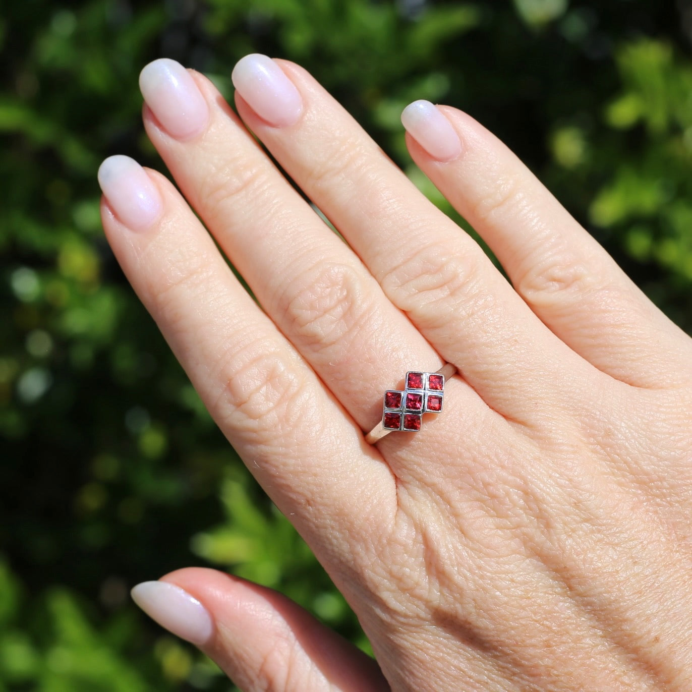 Modern Princess Cut Checkerboard Ruby Ring, 9ct White Gold, size Q or 8.25