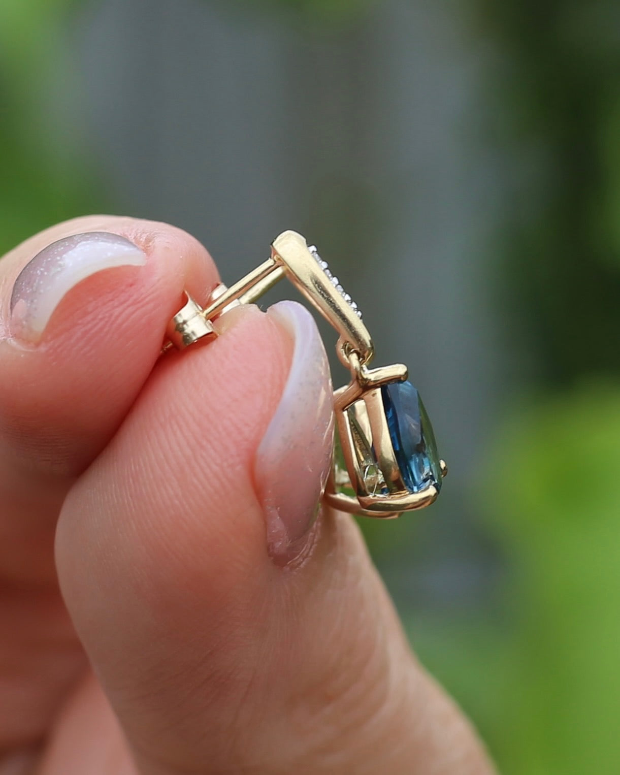 Pear Cut London Blue Topaz Earrings on Illusion Diamond Set Stud Posts, 9ct Yellow Gold, 14ct YG butterflies, 1.87g