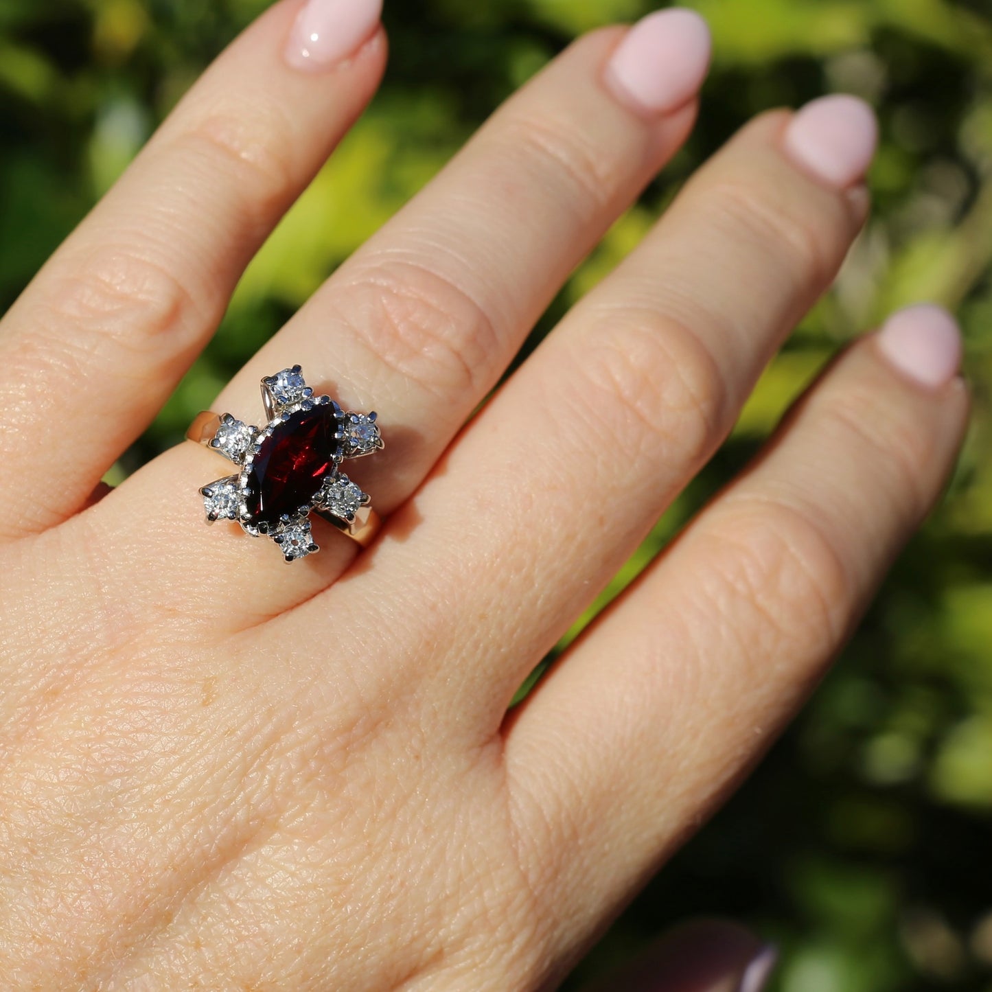 Viking feel Marquise Garnet With 6 Transitional Cut Diamonds, 18ct White and Yellow Gold, size N1/2 or 7