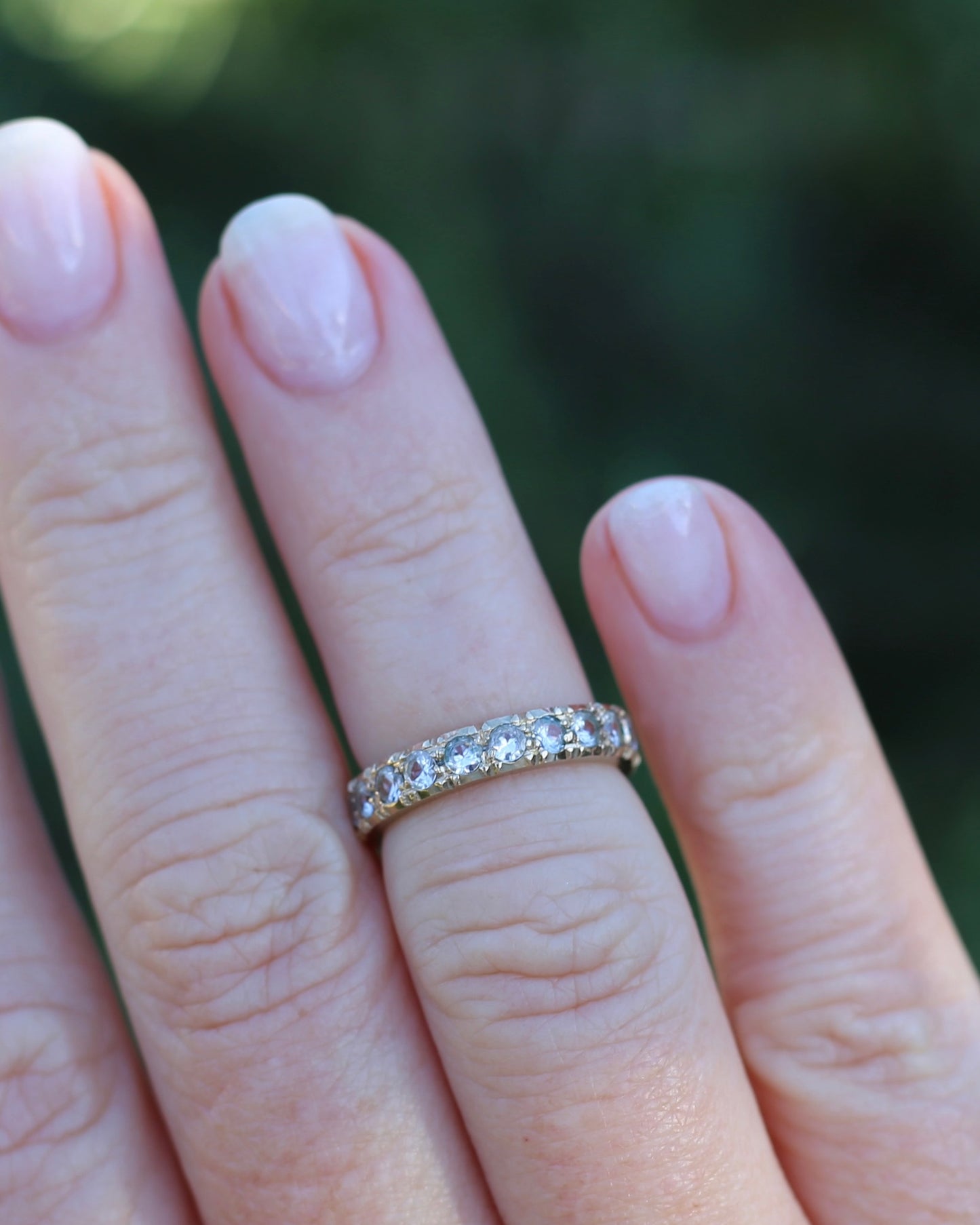 Vintage 1950s Style White Spinel Eternity Ring, 9ct Yellow Gold, size J or 4.75