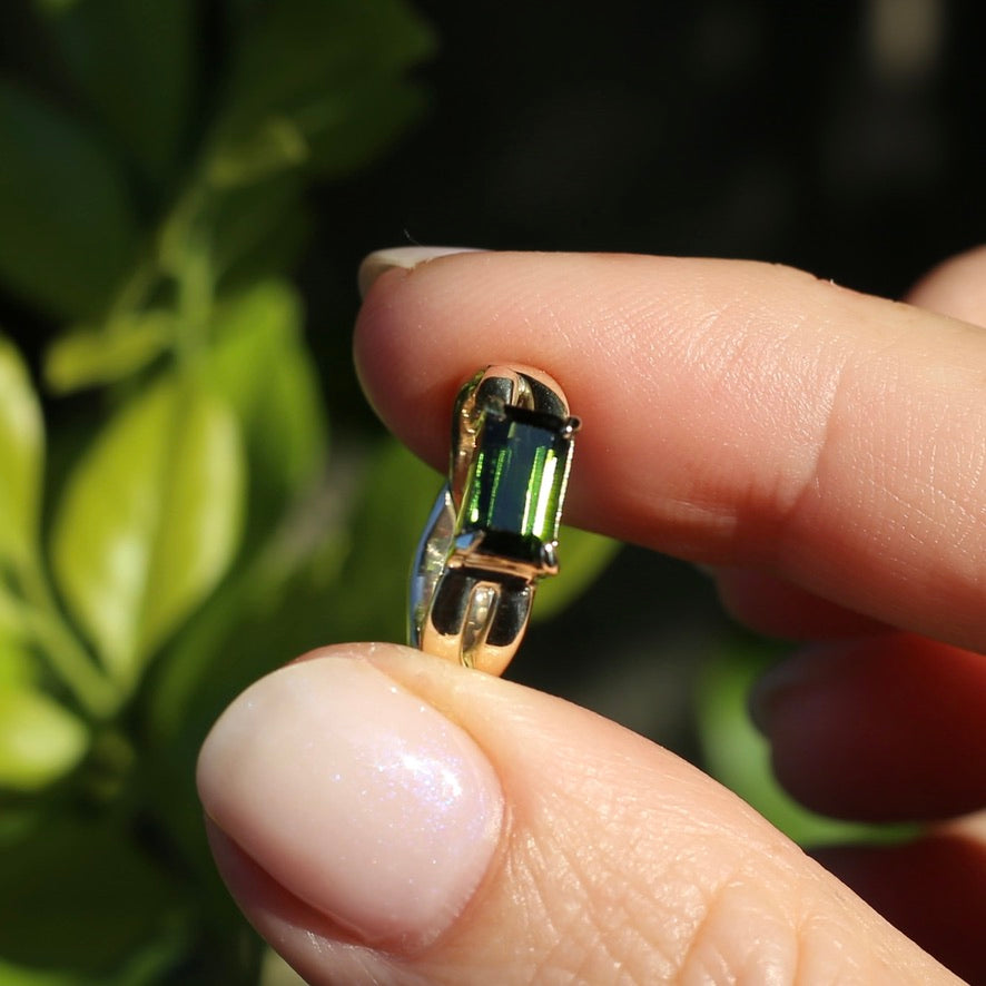 East West Set Emerald Cut Dark Green Natural Tourmaline Ring, 9ct Yellow Gold, size L or 5.75