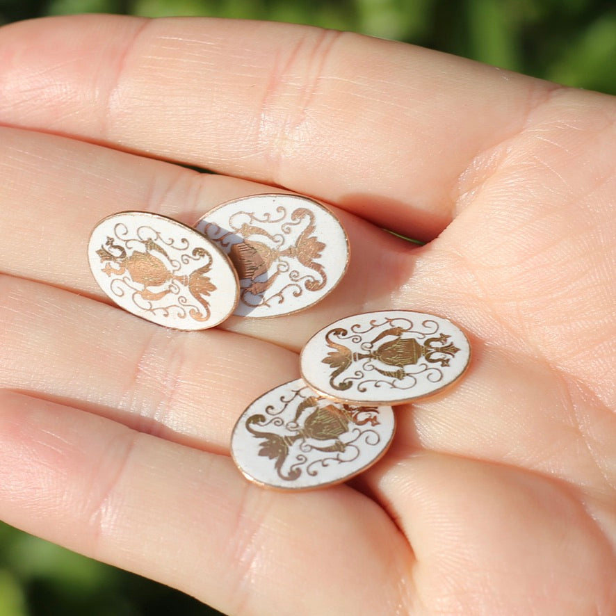 Early Australian APEX Enamel & Rose Gold Cufflinks, 7.87g 9ct Rose Gold