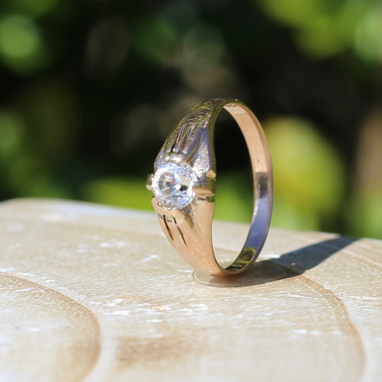 Hand Cut White Sapphire in 15ct Old Gold Ring, size N1/2 or just under 7