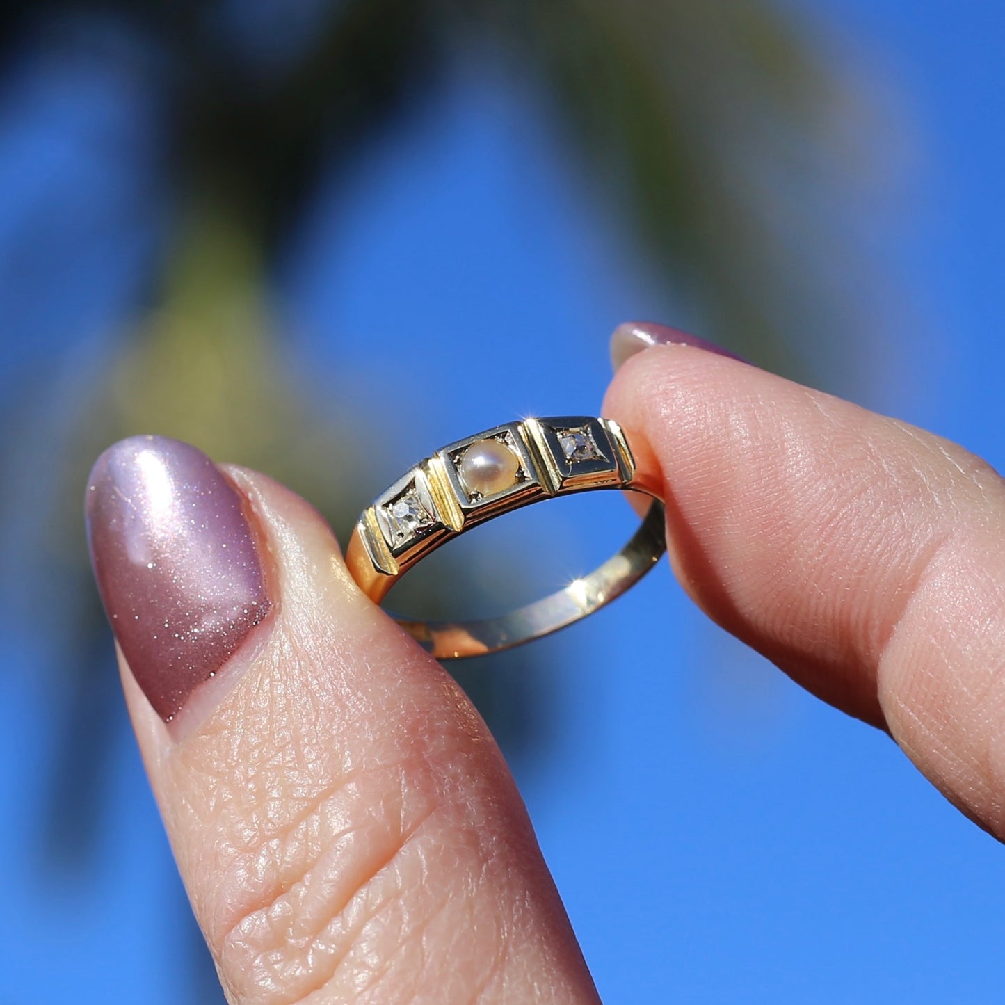 Antique Pearl and Old Cut Diamond Set Trilogy Ring, 18ct Yellow Gold, size N1/2 or 7