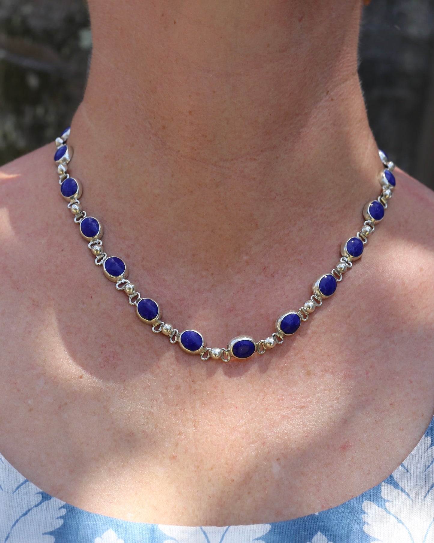 Vintage Mexican Bezel Set Lapis Necklace, 19 inches or 48cm, 51.6g