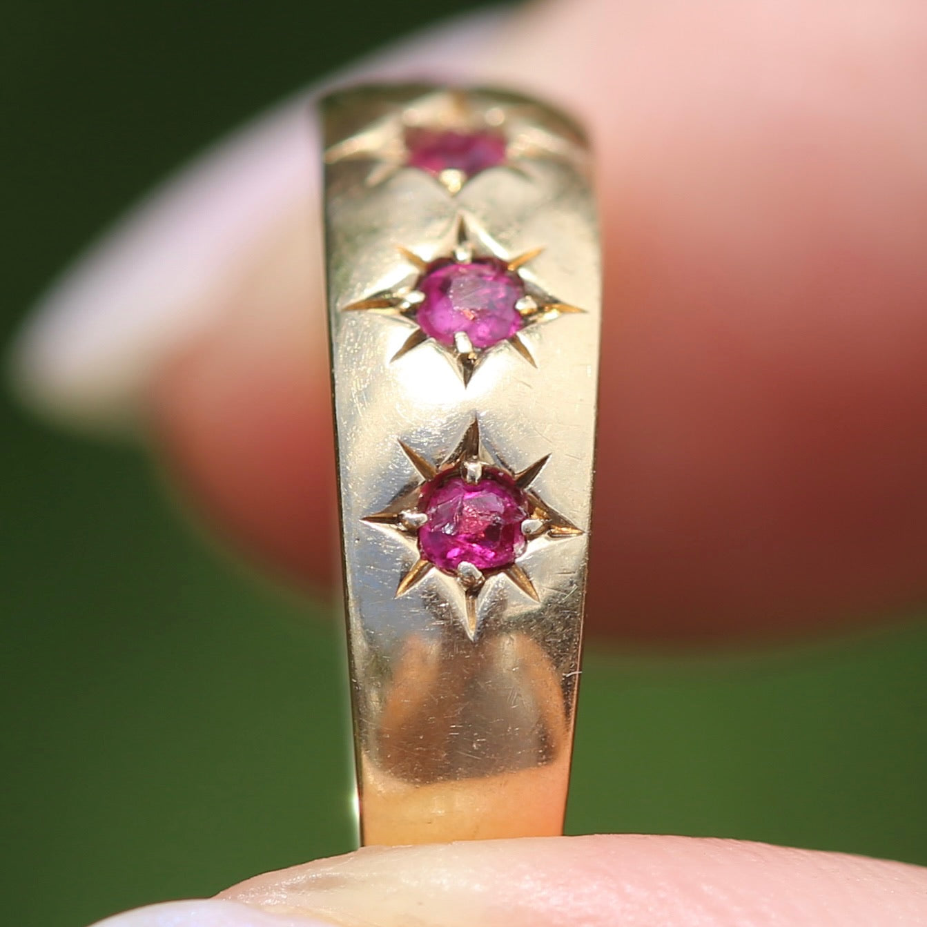 Antique 1891 Five Stone Star Set Old Cut Ruby Ring, 15ct Rosey Gold, size N- N1/2 or 6.75