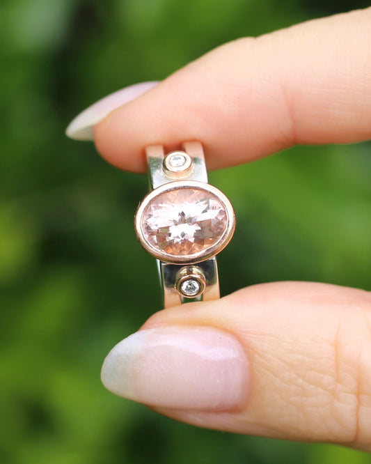 Chunky Bezel Set Morganite and Diamond Ring, 9ct Rose Gold and Silver, size P or 7.5 (fits smaller)