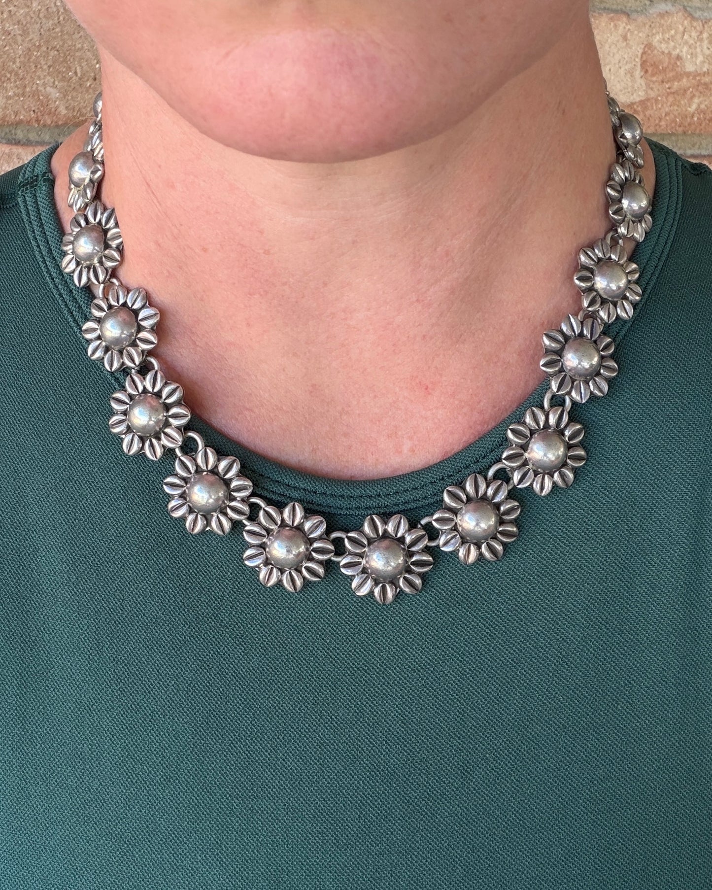 Chunky Vintage Mexican Silver Daisy/ Sunflower Necklace, Sterling Silver, 44cm or 17.25 inches, 98.52g
