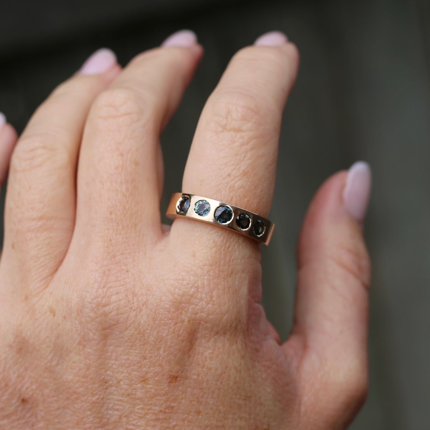 Custom Reclaimed Gold Chunky 9ct Rings with 4mm Parti Sapphires