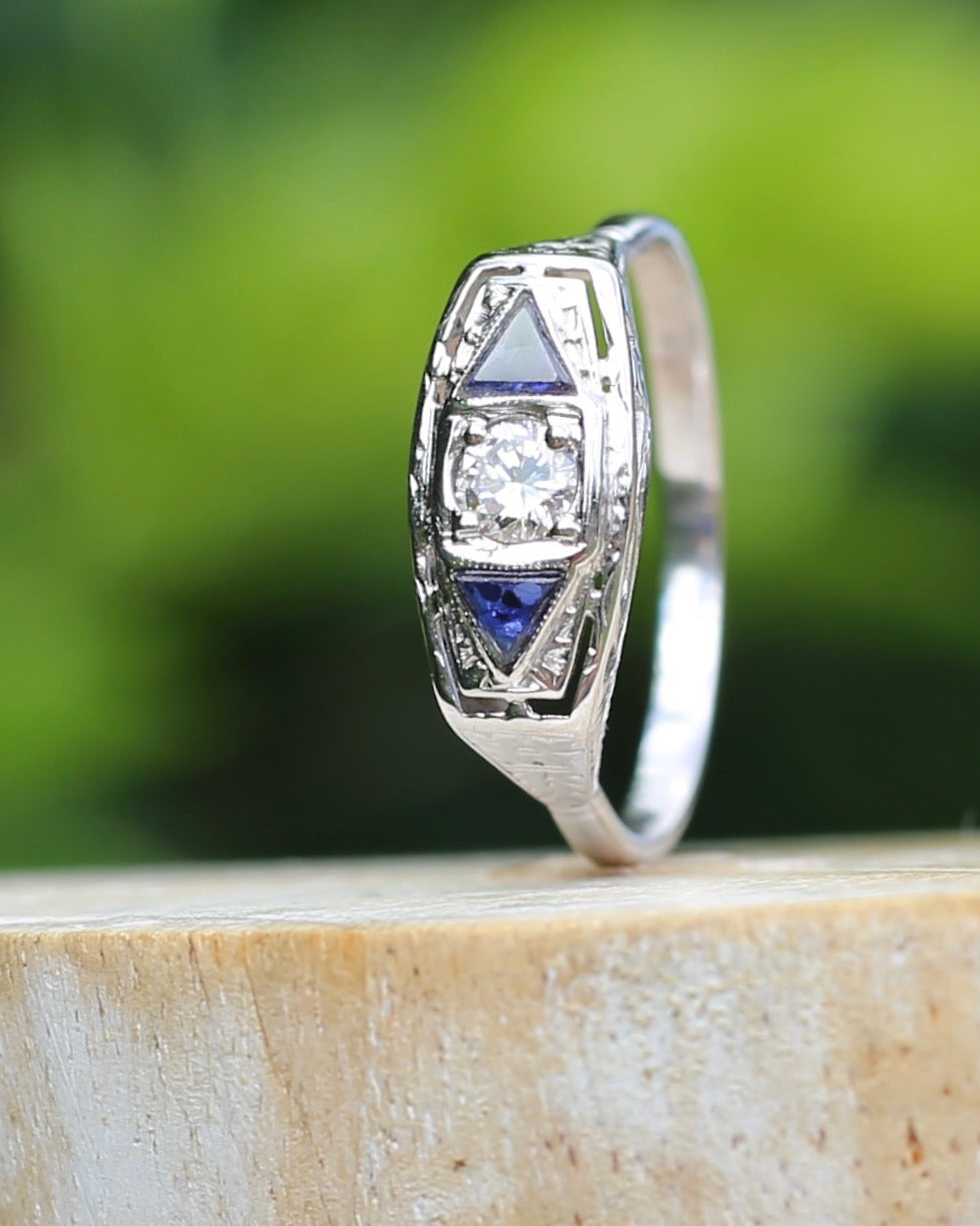 Art Deco Diamond and Sapphire Trilogy in Raised Handmade Engraved Floral Setting, 14ct White Gold, size U or 10 - offering free resize down to 7 or O, with valuation