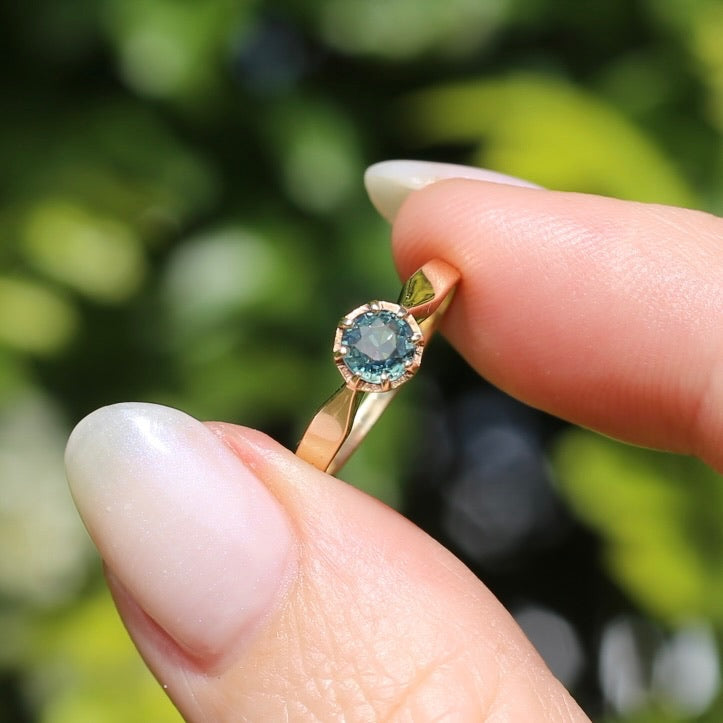 Seafoam Sapphire Solitaire in 8 Claw Setting, 9ct Yellow Gold, size L or just under 5.5