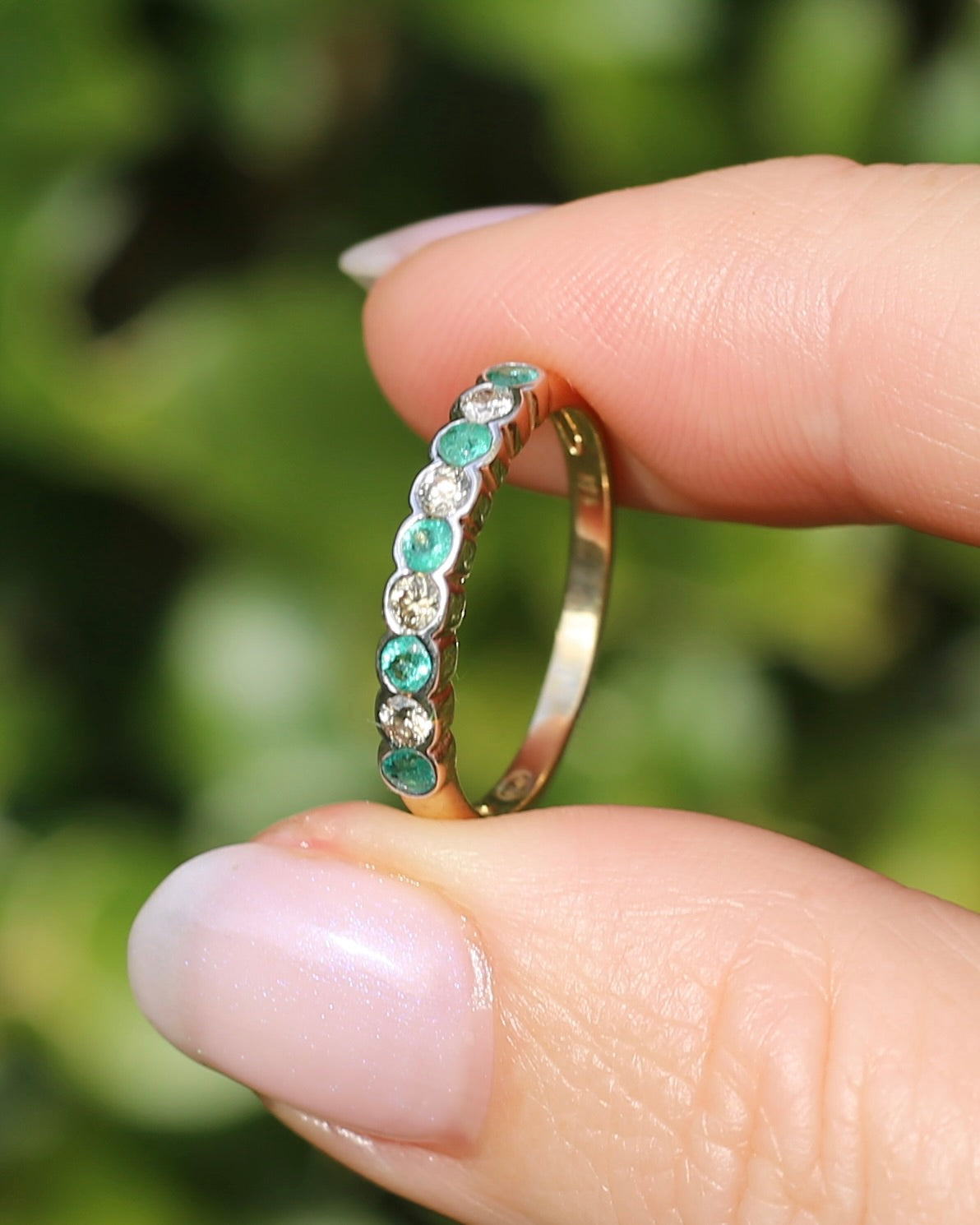 Natural Emerald and Diamond Half Hoop, 9ct Yellow and White Gold, size O or 7.25, 1.76g