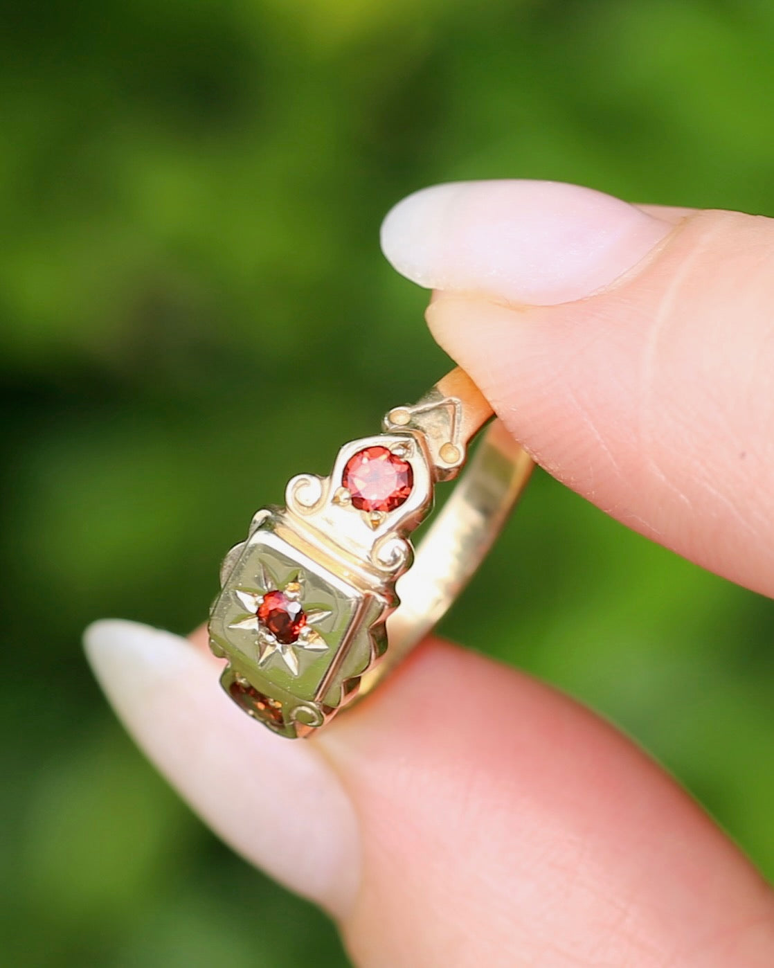 Victorian Revival Garnet Trilogy Star Set Ring, 9ct Yellow Gold, size O1/2 or just over 7.25