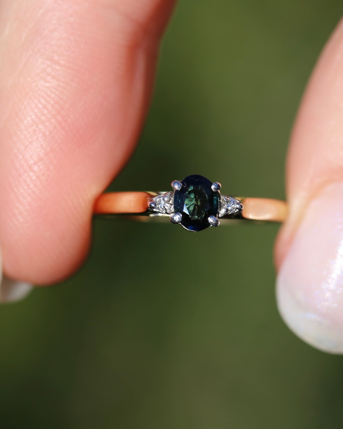 Dark Australian Sapphire and Diamond Dainty Trilogy, 9ct Yellow and White Gold, M1/2 or 6.5, 1.75g