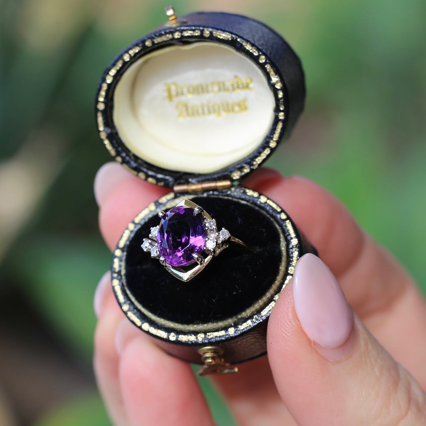 Vintique Oval Amethyst and Diamond Ring, 18ct Yellow Gold, size K1/2 or 5.5