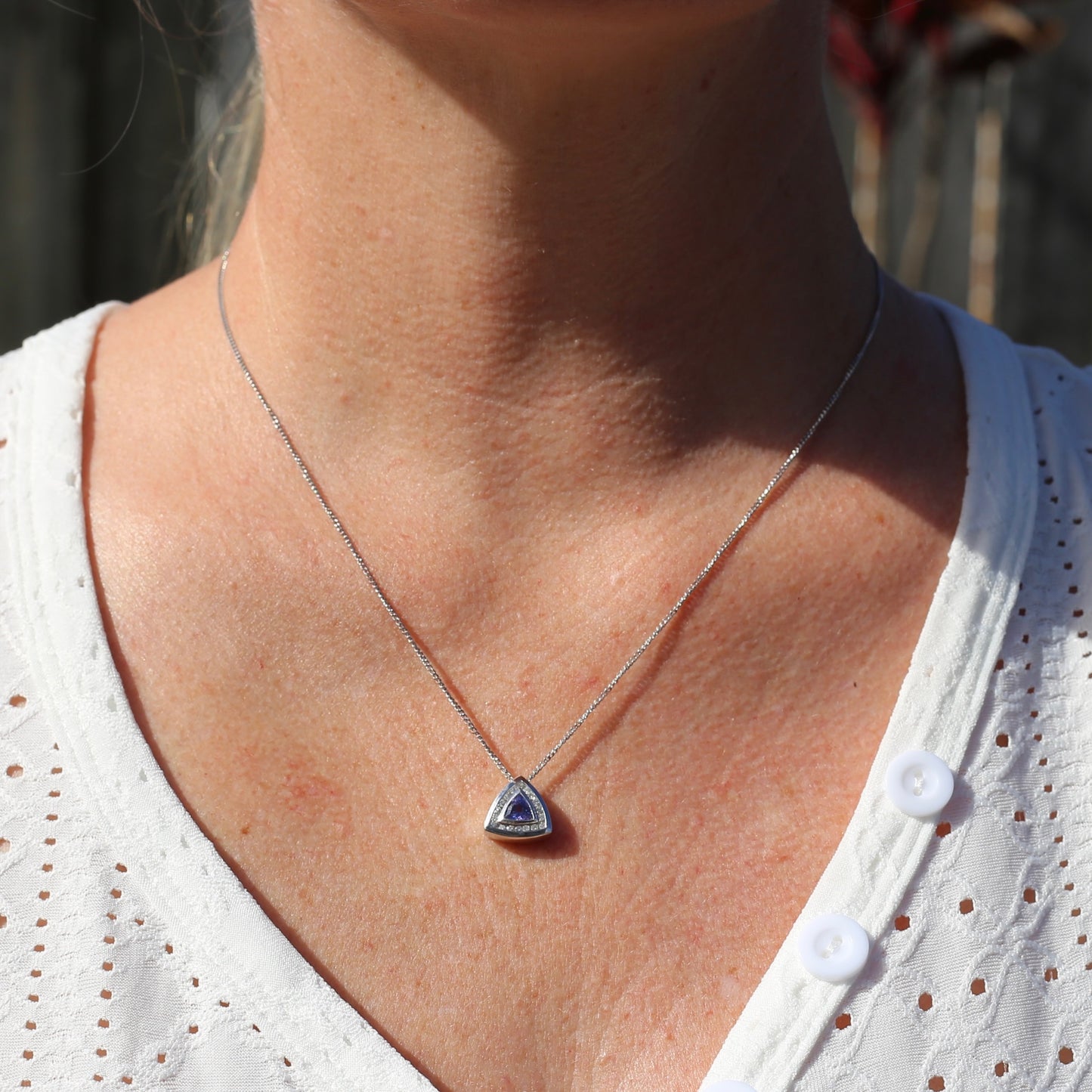 Trillion cut Tanzanite and Diamond Pendant, 14ct White Gold, with 9ct White Gold Chain