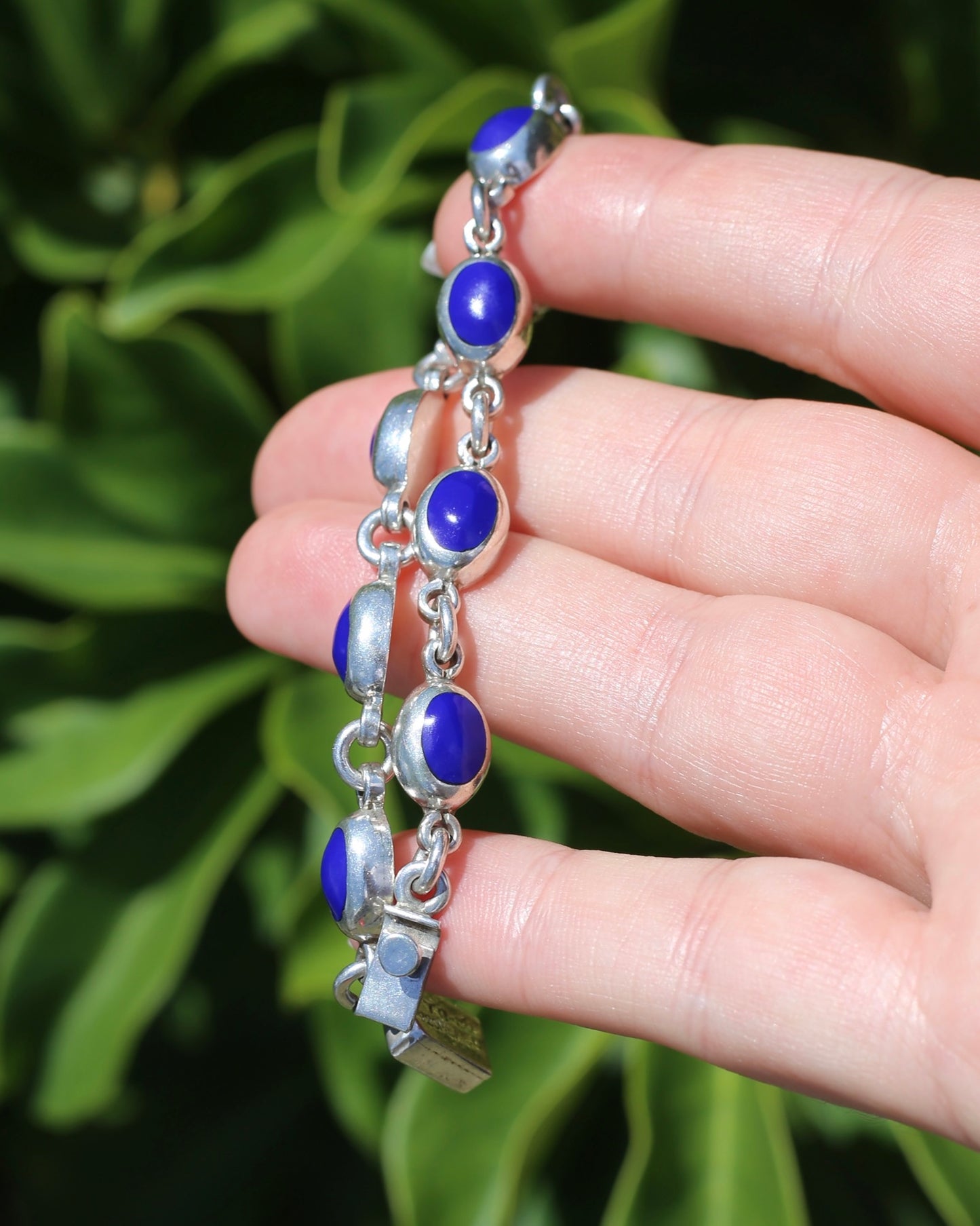 Vintage Mexican Bezel Set Lapis Bracelet, 7.75 inches or 19.5cm, 21.27g