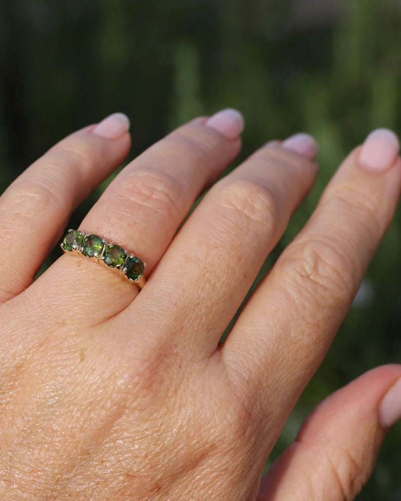 1.75ct Four Stone Natural Green Tourmaline Ring, 9ct Yellow Gold, size N1/2 or just over 6.75, 2.37g